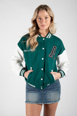 FOREST GREEN CONTRAST SLEEVE LETTER A UNISEX VARSITY JACKET
