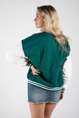 FOREST GREEN CONTRAST SLEEVE LETTER A UNISEX VARSITY JACKET