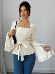 CASUAL SQUARE NECK FLARED CUFF WOMEN BLOUSE