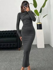 WOMEN'S STAND COLLAR LONG SLEEVE PLEATED DRESS
