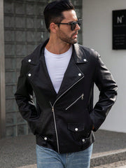 MEN ZIP UP PU LEATHER MOTO JACKET