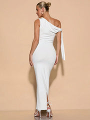 SOLID ASYMMETRICAL NECK TIE-UP RUCHED ELEGANT SIDE SLIT DRESS