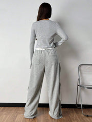 FRILL TRIM FRONT TIE LONG SLEEVE TOP & DRAWSTRING WIDE LEG PANTS
