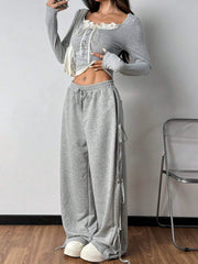 FRILL TRIM FRONT TIE LONG SLEEVE TOP & DRAWSTRING WIDE LEG PANTS
