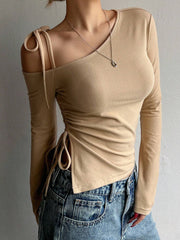 LACE-UP OPEN SHOULDER LONG SLEEVE TOP