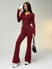 WOMEN'S SOLID COLOR ZIP-UP DRAWSTRING HOODED SHIRT AND FLARED PANTS SET