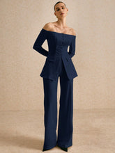 OFF SHOULDER SOLID COLOR BLAZER & LOOSE STRAIGHT LEG PANTS SUIT