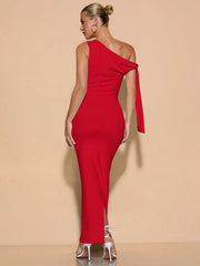 SOLID ASYMMETRICAL NECK TIE-UP RUCHED ELEGANT SIDE SLIT DRESS