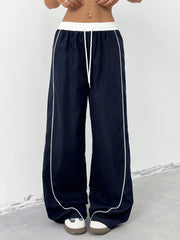 COLOR BLOCK DRAWSTRING WAIST WIDE-LEG LOOSE PANTS