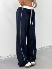 COLOR BLOCK DRAWSTRING WAIST WIDE-LEG LOOSE PANTS