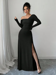 WOMEN'S RUFFLE WAIST ONE-SHOULDER LONG SLEEVE SLIT BODYCON