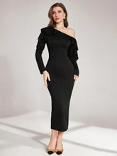 ASYMMETRICAL SHOULDER RUFFLE TRIM WAIST CINCHED WAIST MIDI DRESS
