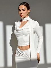 MINIMALIST COWL NECK LONG SLEEVE TOP WITH LOW WAIST RUCHED A-LINE MINI SKIRT