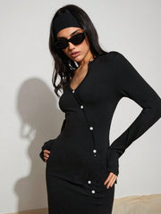 WOMEN SINGLE BREASTED LONG SLEEVE TOP AND PLEATED MINI SKIRT