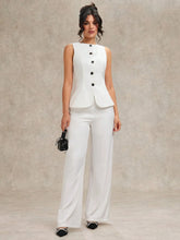 WOMEN'S SOLID WHITE BUTTON-FRONT SLEEVELESS CASUAL TOP AND PANTS SET