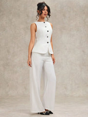 WOMEN'S SOLID WHITE BUTTON-FRONT SLEEVELESS CASUAL TOP AND PANTS SET