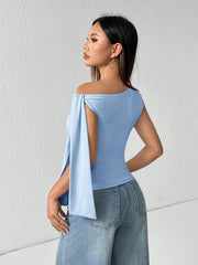 WOMEN'S SOLID COLOR MINIMALIST OBLIQUE COLLAR TIED BLOUSE