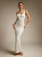 STRETCHY KNIT SQUARE NECK AND LOW BACK MAXI DRESS
