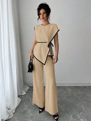 Women 2Pcs Set: Asymmetric Hem Top And Loose Wide Leg Pants