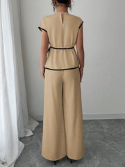 Women 2Pcs Set: Asymmetric Hem Top And Loose Wide Leg Pants