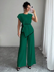 Women 2Pcs Set: Asymmetric Hem Top And Loose Wide Leg Pants