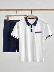 MEN'S CASUAL KNIT PATCHWORK POLO SHIRT & SHORTS SET