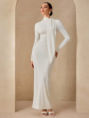 WOMEN'S DRESS WITH SCARF COLLAR, LONG RIBBON TIE WAIST DESIGN