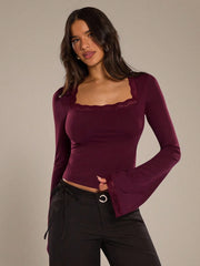 CONTRAST LACE SQUARE NECK FLARE SLEEVE TOP