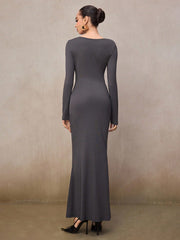 RUCHED SHOULDER LONG SLEEVE FITTED MERMAID HEM DRESS