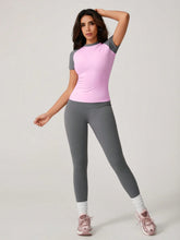 COLOR BLOCK ELASTIC CREW NECK SHORT SLEEVE TOP & PANTS SUIT