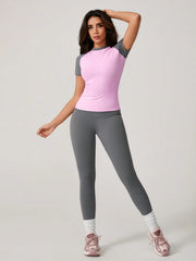 COLOR BLOCK ELASTIC CREW NECK SHORT SLEEVE TOP & PANTS SUIT