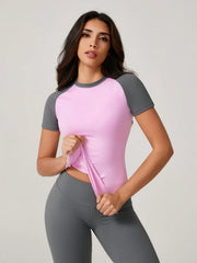 COLOR BLOCK ELASTIC CREW NECK SHORT SLEEVE TOP & PANTS SUIT