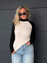 COLOR BLOCK HIGH NECK LONG SLEEVE FITTED T-SHIRT