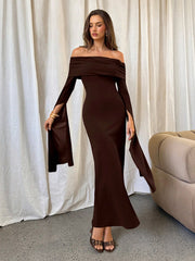 FLARE SLEEVE OFF-SHOULDER MAXI DRESS
