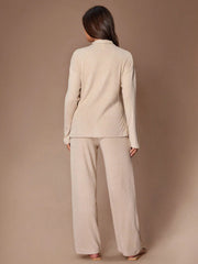SOLID COLOR LAPEL SIDE TIE LONG SLEEVE PAJAMA SET