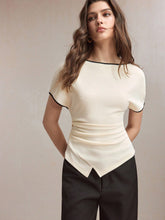 CREW NECK WAIST RUCHING ASYMMETRIC HEM T-SHIRT