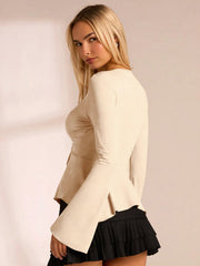 V-NECK RUCHED FLARE SLEEVE CINCHED WAIST TOP