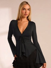 V-NECK RUCHED FLARE SLEEVE CINCHED WAIST TOP