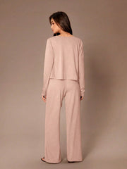 WOMEN SOLID COLOR CASUAL 3PCS LOUNGEWEAR SET