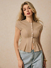 BUTTON CLOSURE LACE TRIM SHORT SLEEVE TOP