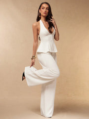DEEP HALTER-NECK SLEEVELESS TOP PAIRED WITH WIDE-LEG STRAIGHT TROUSER