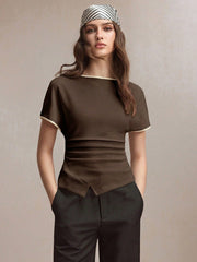 CREW NECK WAIST RUCHING ASYMMETRIC HEM T-SHIRT