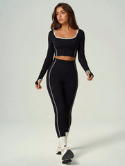 CONTRAST TRIM WORKOUT SET LONG SLEEVE CROP TOP & HIGH WAIST LEGGINGS