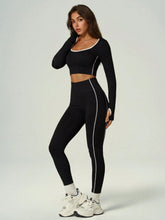CONTRAST TRIM WORKOUT SET LONG SLEEVE CROP TOP & HIGH WAIST LEGGINGS