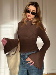 WOMEN'S WAVY STITCHING BELL SLEEVE LONG SLEEVE T-SHIRT