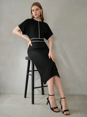 CONTRAST PIPING BATWING SLEEVE DRESS