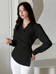 WOMEN'S CASUAL SOLID COLOR LONG SLEEVE WRAP BLOUSE