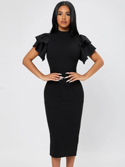 MOCK NECK BUTTERFLY SLEEVE SPLIT BACK DRESS