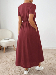 WOMEN'S SOLID CREW NECK TWIST FRONT POCKET SHORT SLEEVE SUMMER DRESS