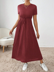 WOMEN'S SOLID CREW NECK TWIST FRONT POCKET SHORT SLEEVE SUMMER DRESS